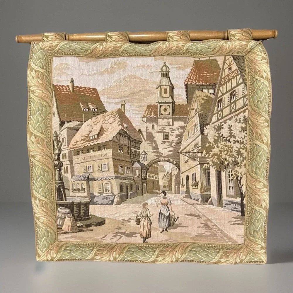 German Tapestry Women Meeting In Town Wooden Rod Vintage 22.5